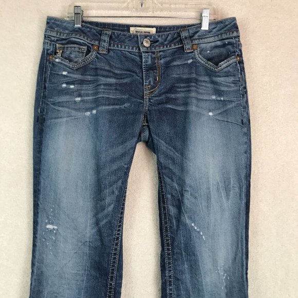MEK Prague Boot Cut Jeans Womens 31x34 Medium Wash Denim Mid Rise Distressed - Picture 2 of 15